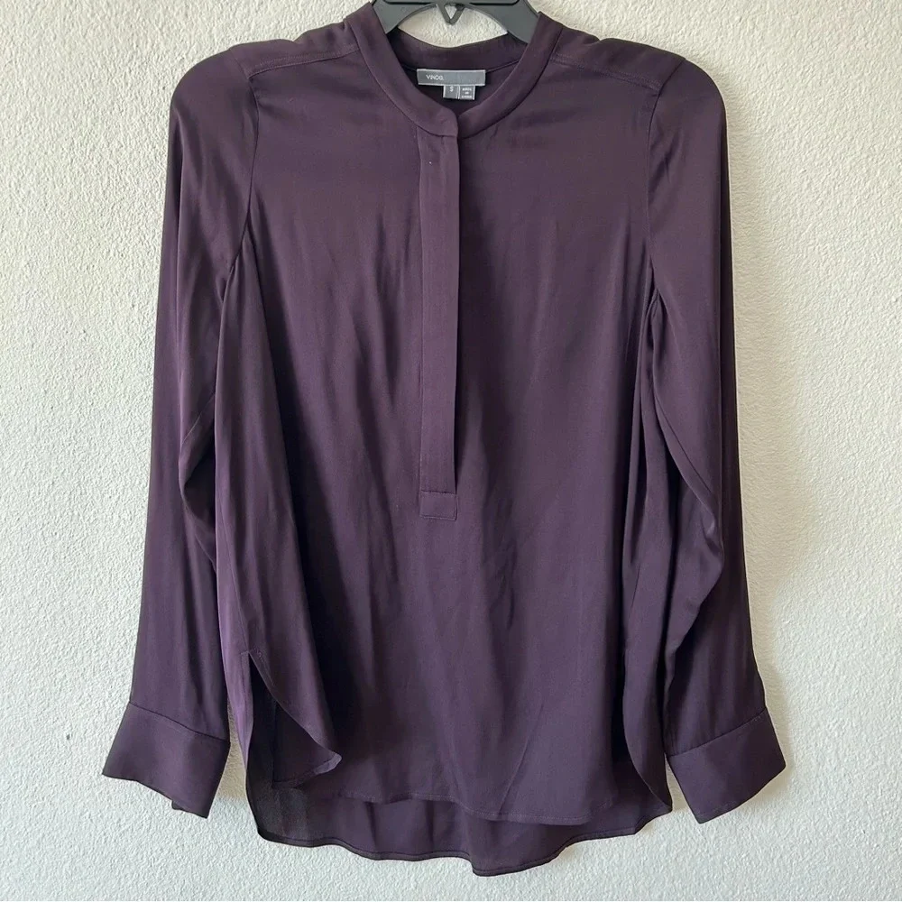 Vince 100% Silk Purple Zip Placket  Popover Top Tunic Lightweight Shirt Blouse S - Picture 3 of 14